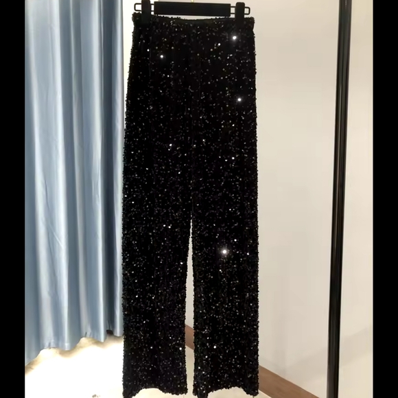 Women's Fashion Trendy Sparkling Gold Pants Relaxation of Tall Waist Wide-legged - Picture 4 of 6